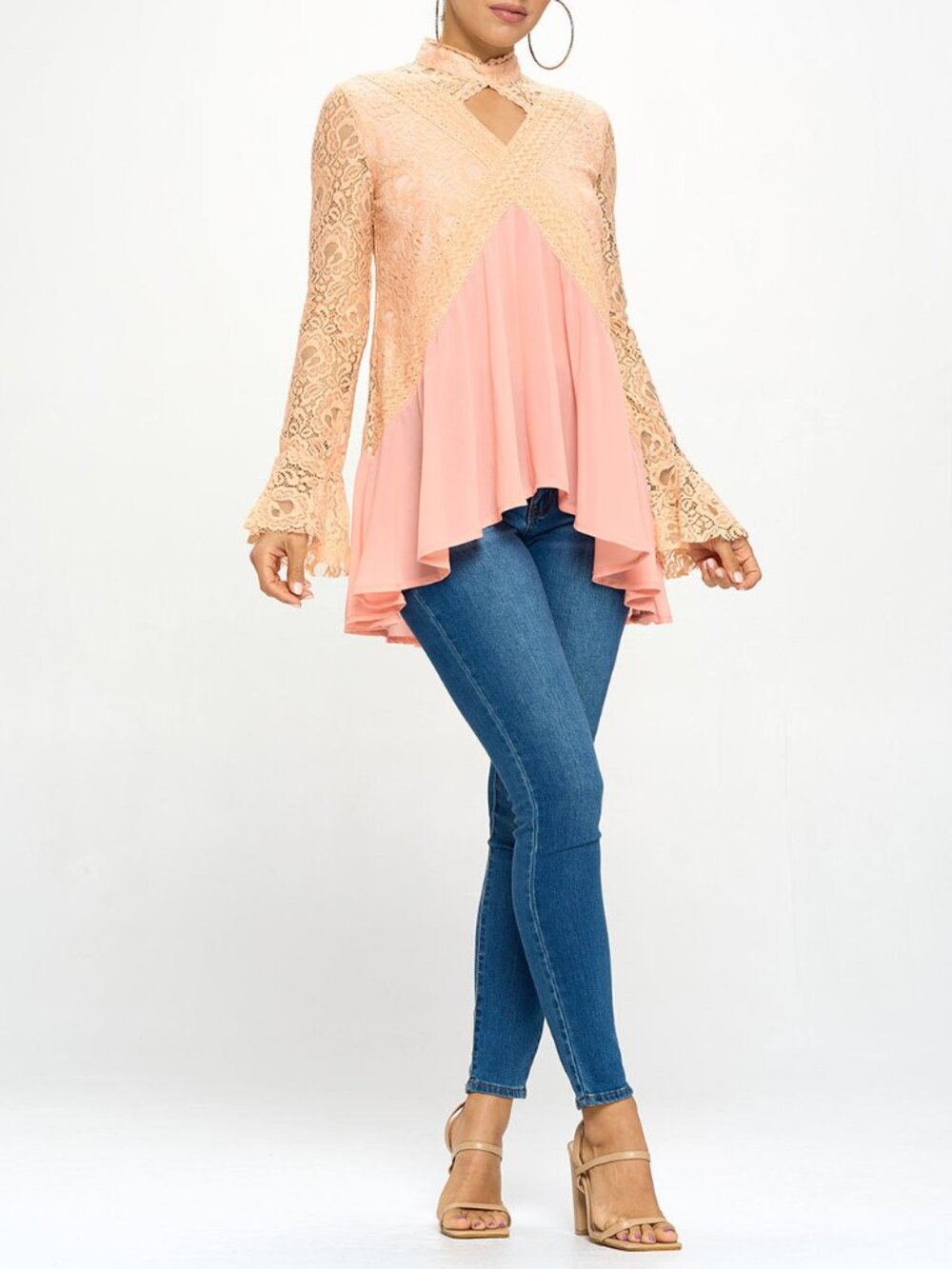 Oh Yes Flowy Lace Trim High Neck Tunic Top Long Sleeve Blush New